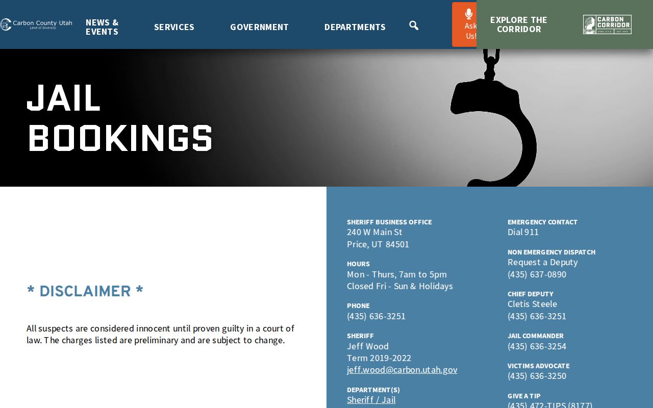 Carbon County arrest history Current Bookings interface