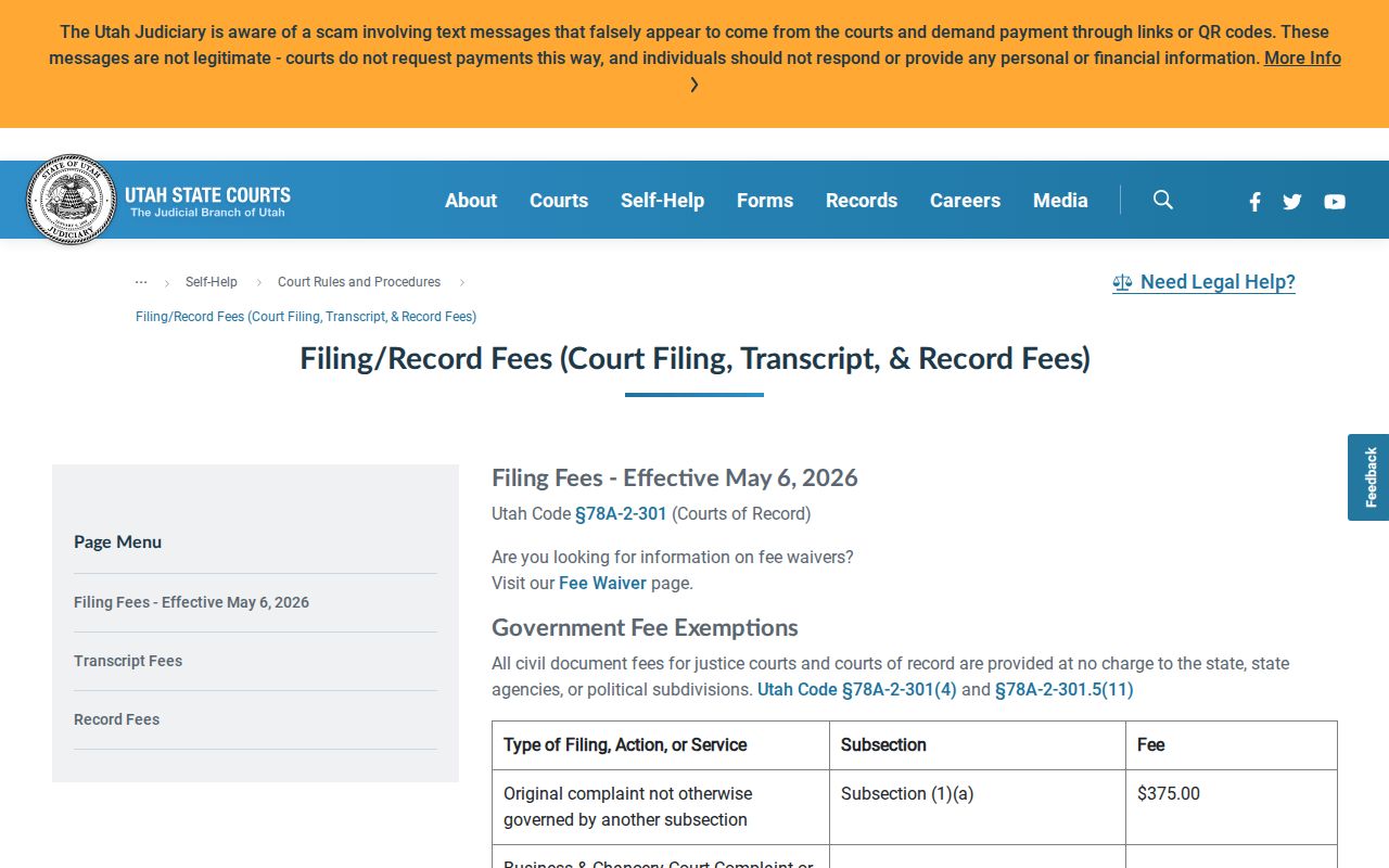 Carbon County criminal record current Utah court filing and copy fees