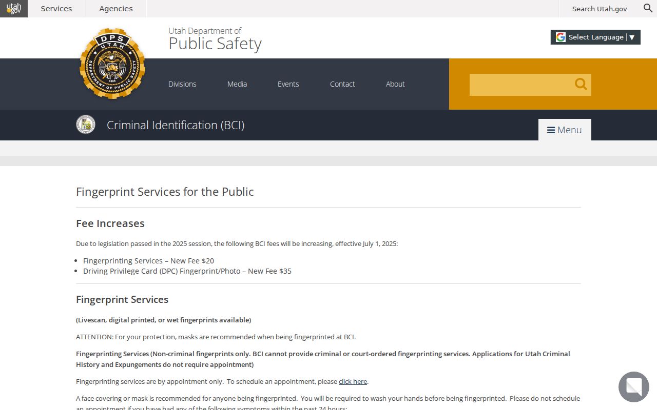 Carbon County registry readers viewing Utah BCI fingerprint service information